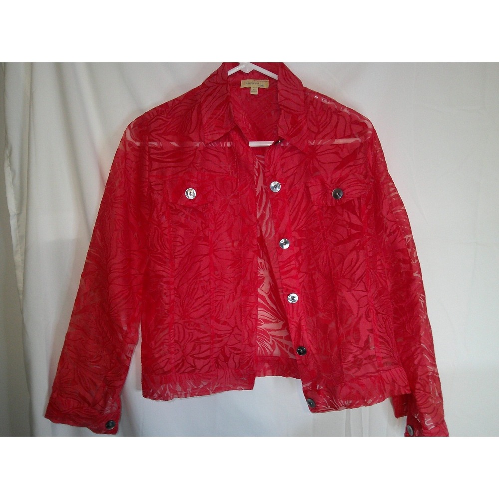 Choices Petite Red Floral Sheer Button Down Jacket Lightweight PS